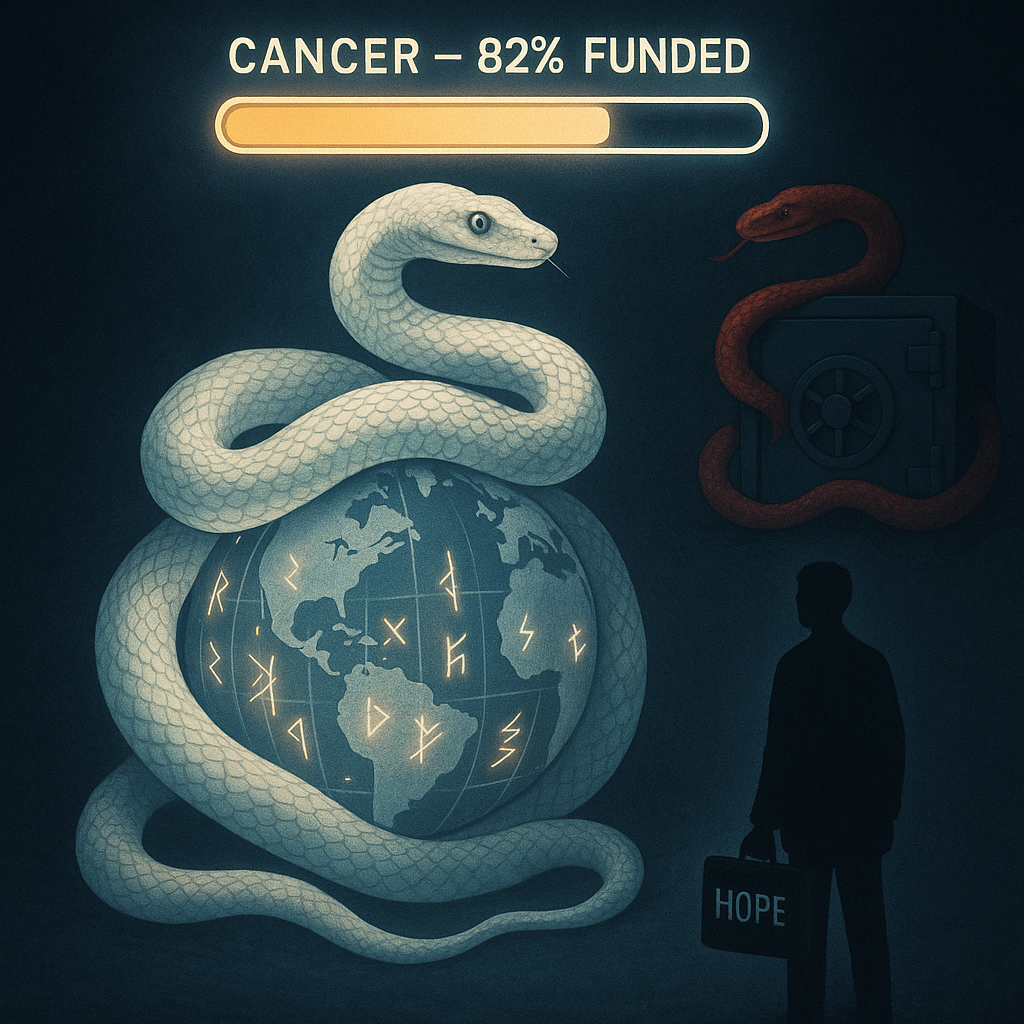 White Snake Encircling Earth with Progress Bar at 82% Funded, Red Snake Guarding Vault, Human Silhouette Holding HOPE Briefcase