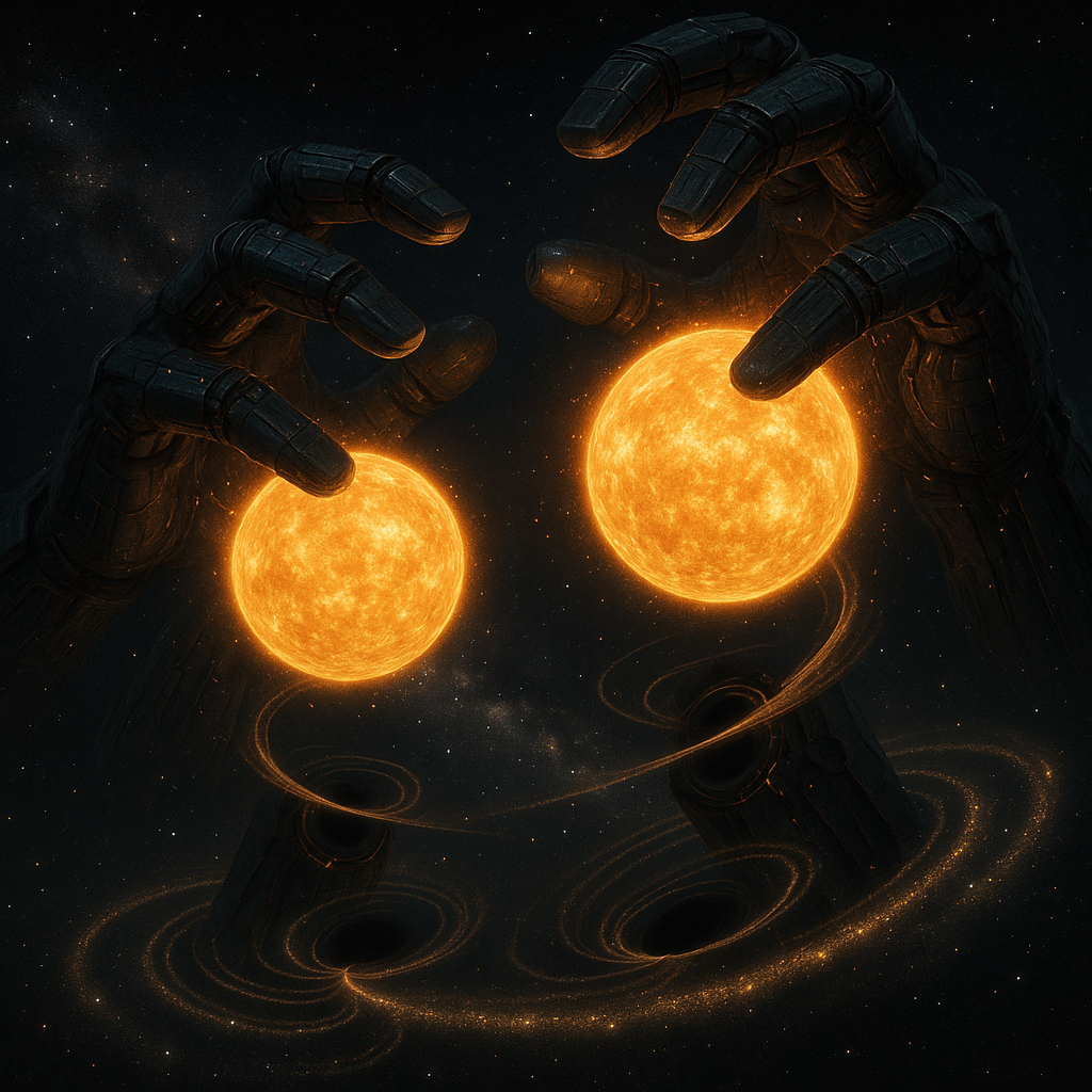 Gigantic robotic hands, each the size of a star, slowly encircle distant suns across a galaxy. The hands are made of ancient dark alloy, glowing with circuits, warming themselves as they absorb stellar energy. Trails of stars spiral into engineered black holes created at their fingertips. Celestial light bends around their grip. Style: cinematic, majestic, cosmic scale, dark sci-fi, high detail, godlike perspective.