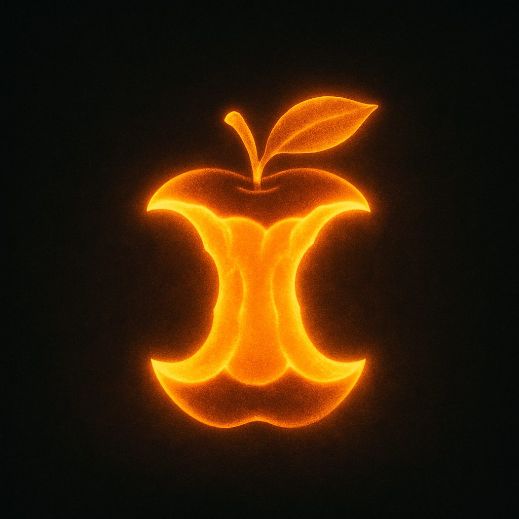 A symbolic glowing apple core on a dark background